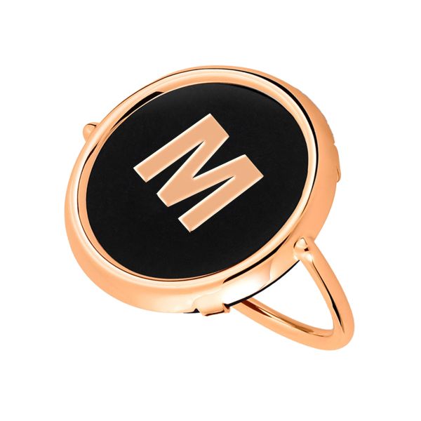 Ginette NY Initial M Disc Ring in rose gold and onyx