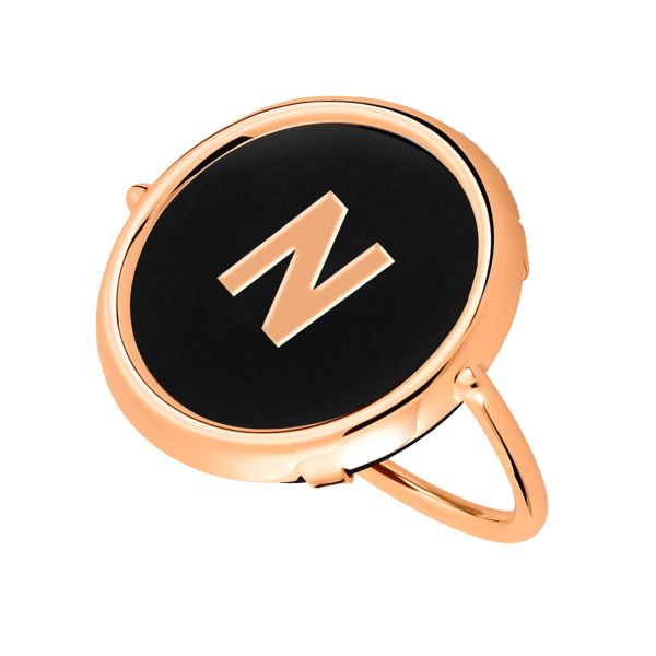 Bague Ginette NY Initial N Disc Ring en or rose et onyx