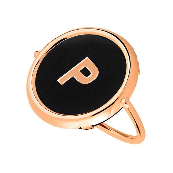 Ginette NY Initial P Disc Ring in rose gold and onyx