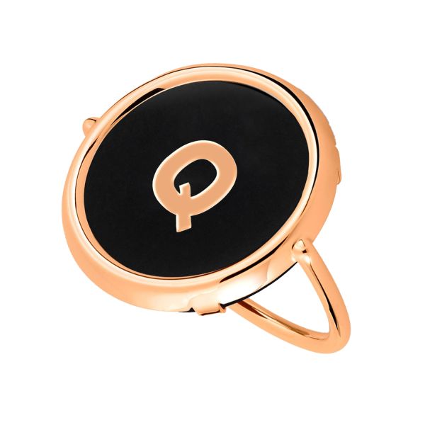 Ginette NY Initial Q Disc Ring in rose gold and onyx