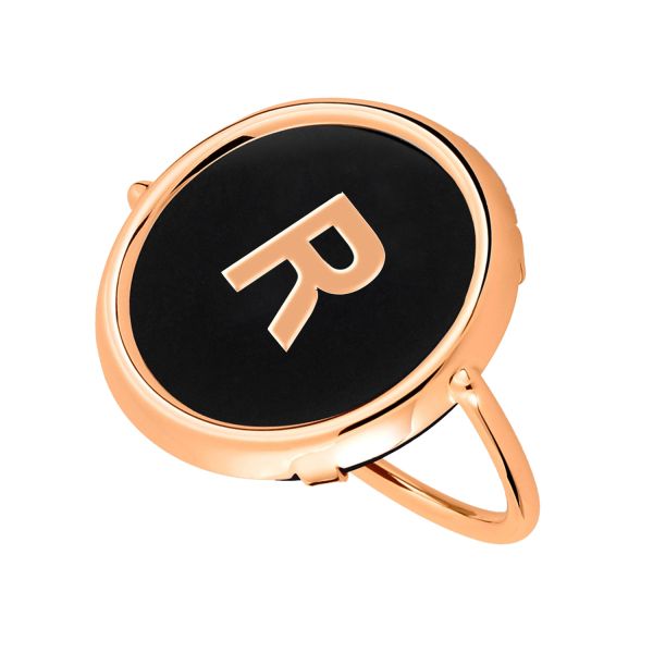 Ginette NY Initial R Disc Ring in rose gold and onyx