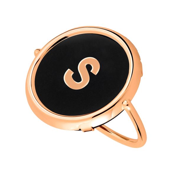 Bague Ginette NY Initial S Disc Ring en or rose et onyx