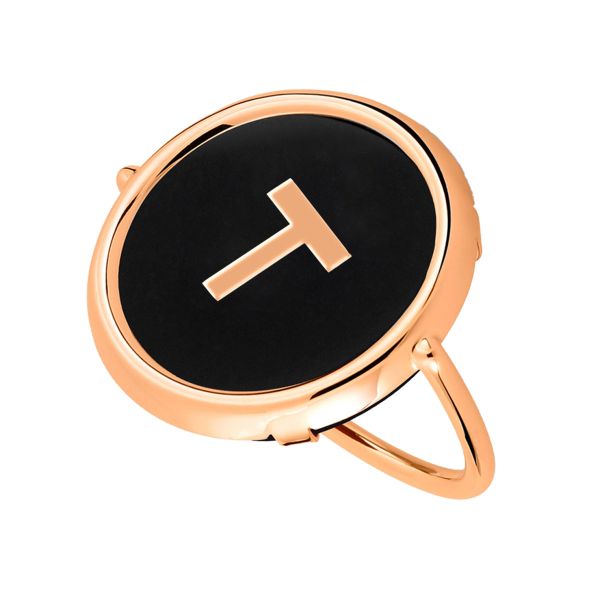 Ginette NY Initial T Disc Ring in rose gold and onyx