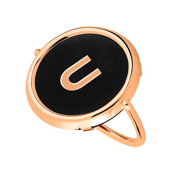 Ginette NY Initial U Disc Ring in rose gold and onyx