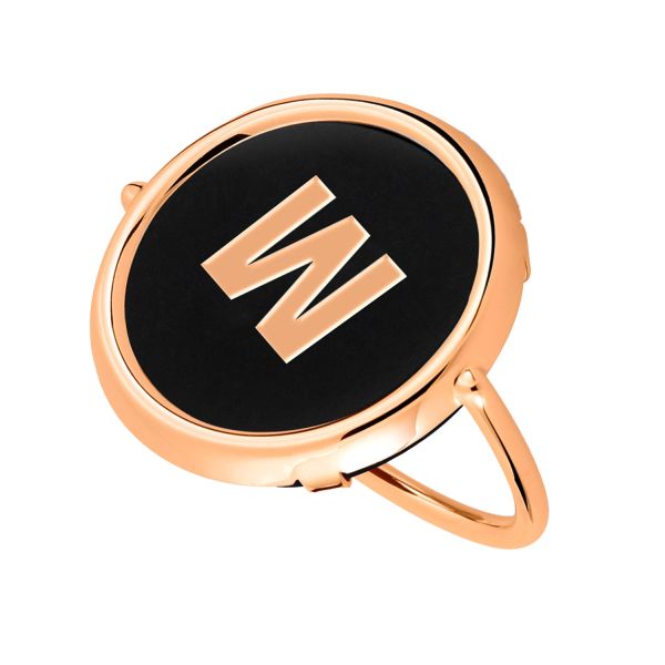 Ginette NY Initial W Disc Ring in rose gold and onyx