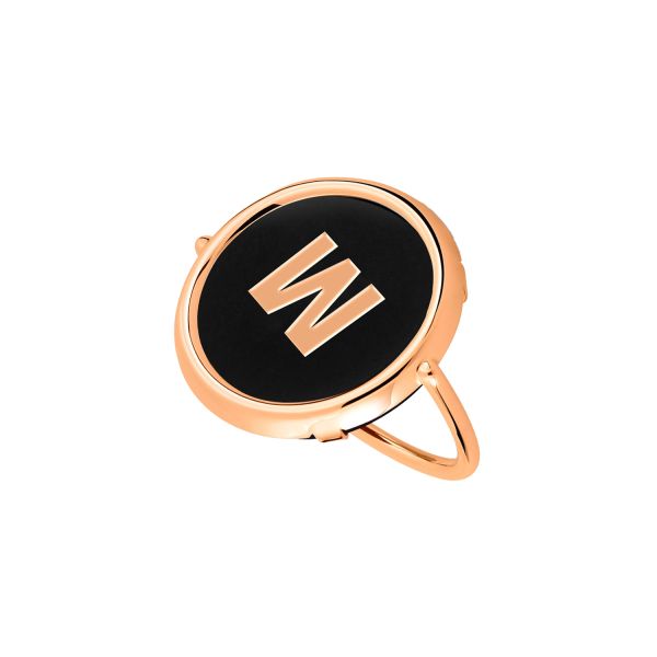 Ginette NY Initial W Disc Ring in rose gold and onyx Lepage