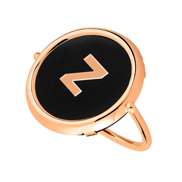 Ginette NY Initial Z Disc Ring in rose gold and onyx