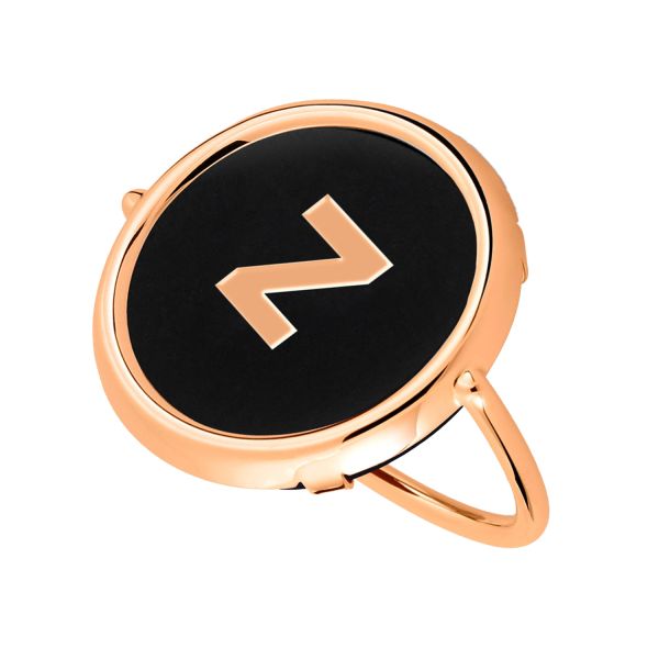 Bague Ginette NY Initial Z Disc Ring en or rose et onyx