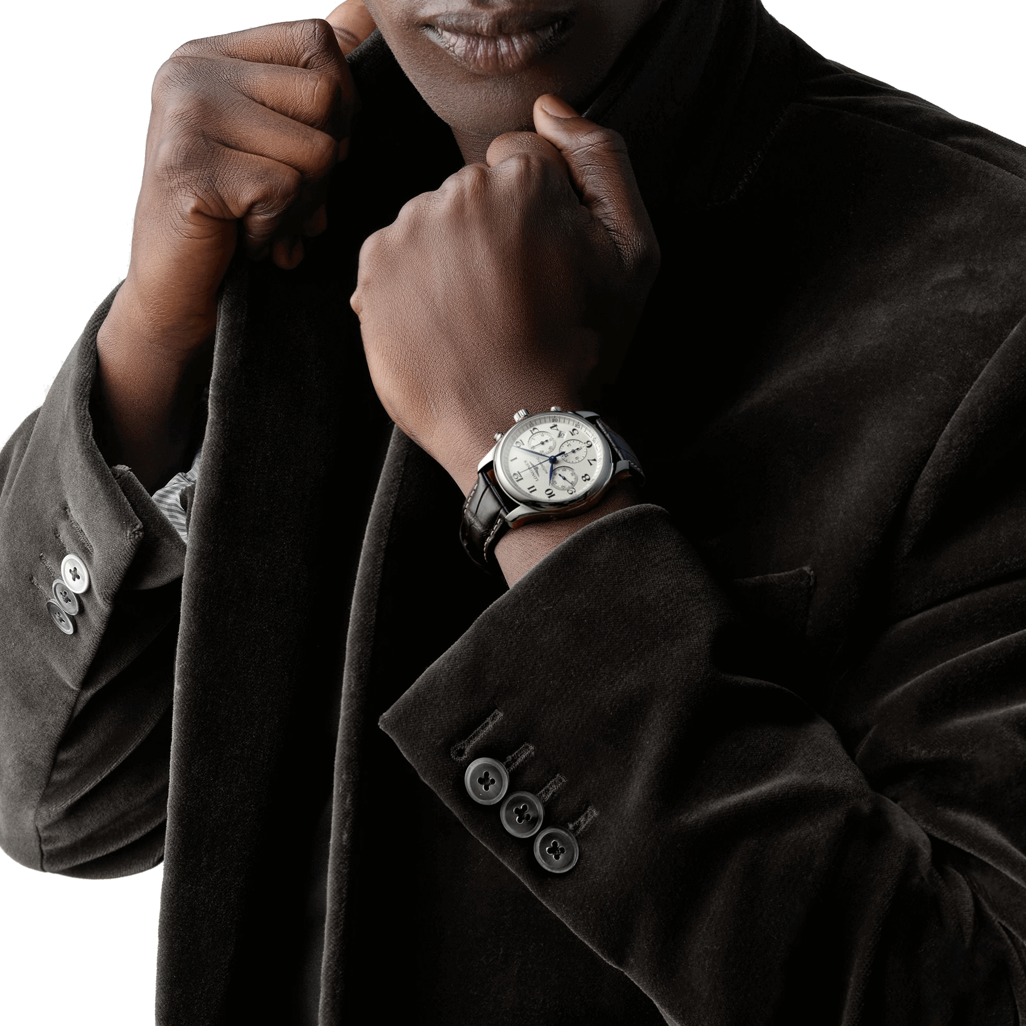 Montre Longines Master Collection chronographe cadran argenté bracelet croco marron 42 mm L2.759.4.78.3