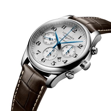 Montre Longines Master Collection chronographe cadran argenté bracelet croco marron 42 mm L2.759.4.78.3