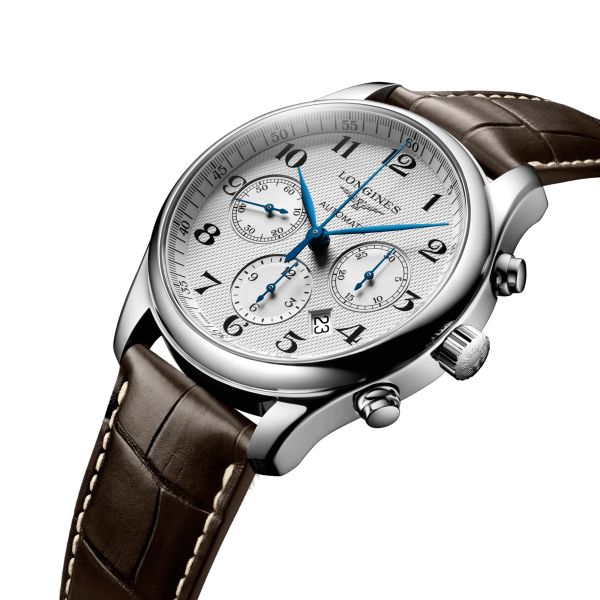 Montre Longines Master Collection chronographe cadran argenté bracelet croco marron 42 mm L2.759.4.78.3