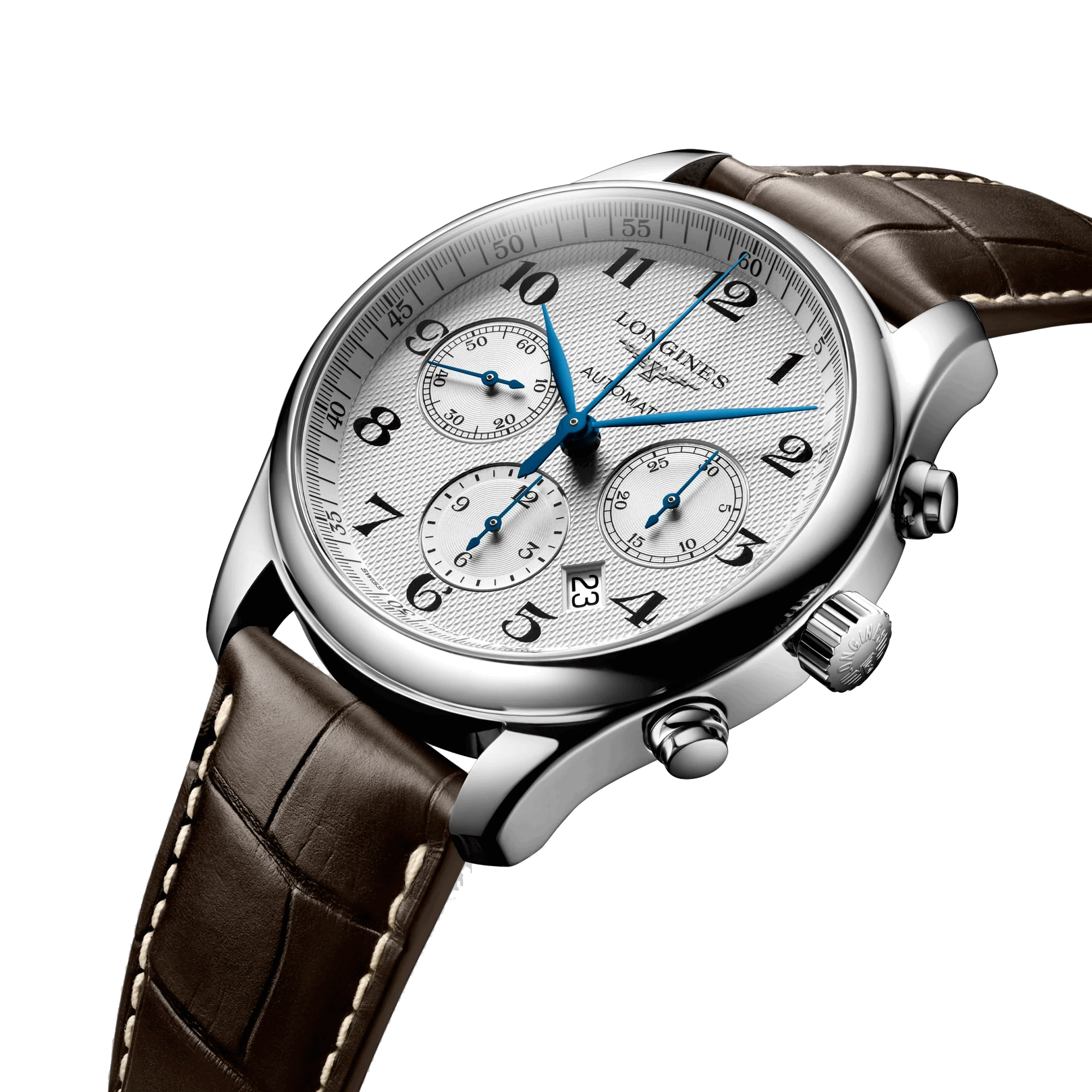 Montre Longines Master Collection chronographe cadran argenté bracelet croco marron 42 mm L2.759.4.78.3