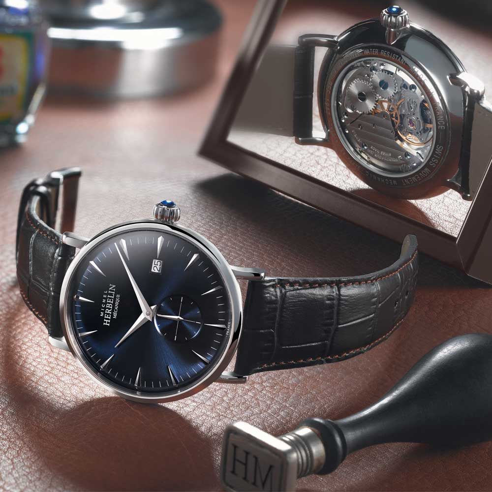 Montre Michel Herbelin Inspiration 1947 mécanique cadran bleu bracelet cuir marron 40 mm