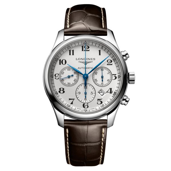 Longines Master Collection chronograph watch silver dial brown crocodile strap 42 mm