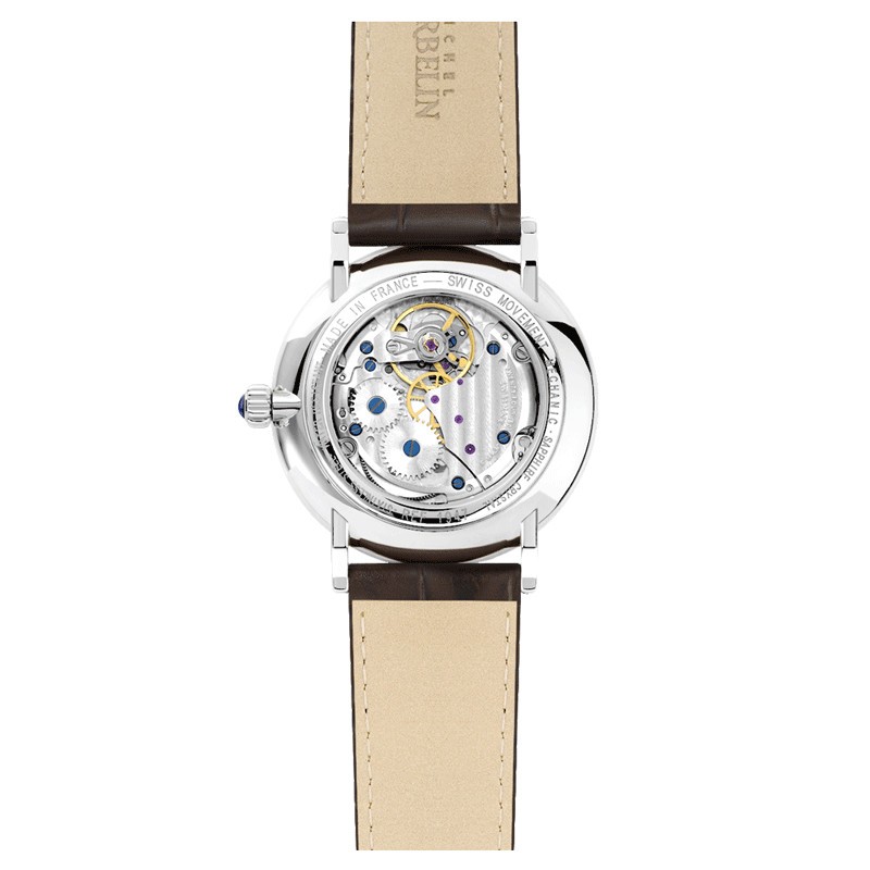 Montre Michel Herbelin Inspiration 1947 mécanique cadran bleu bracelet cuir marron 40 mm