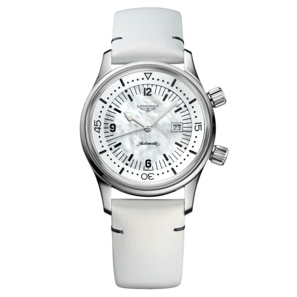 Montre Longines Heritage Diver automatique acier cadran nacre bracelet cuir blanc 36 mm L3.374.4.80.0