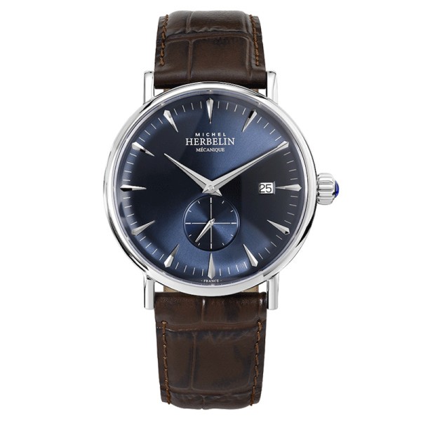 Montre Michel Herbelin Inspiration 1947 mécanique cadran bleu bracelet cuir marron 40 mm