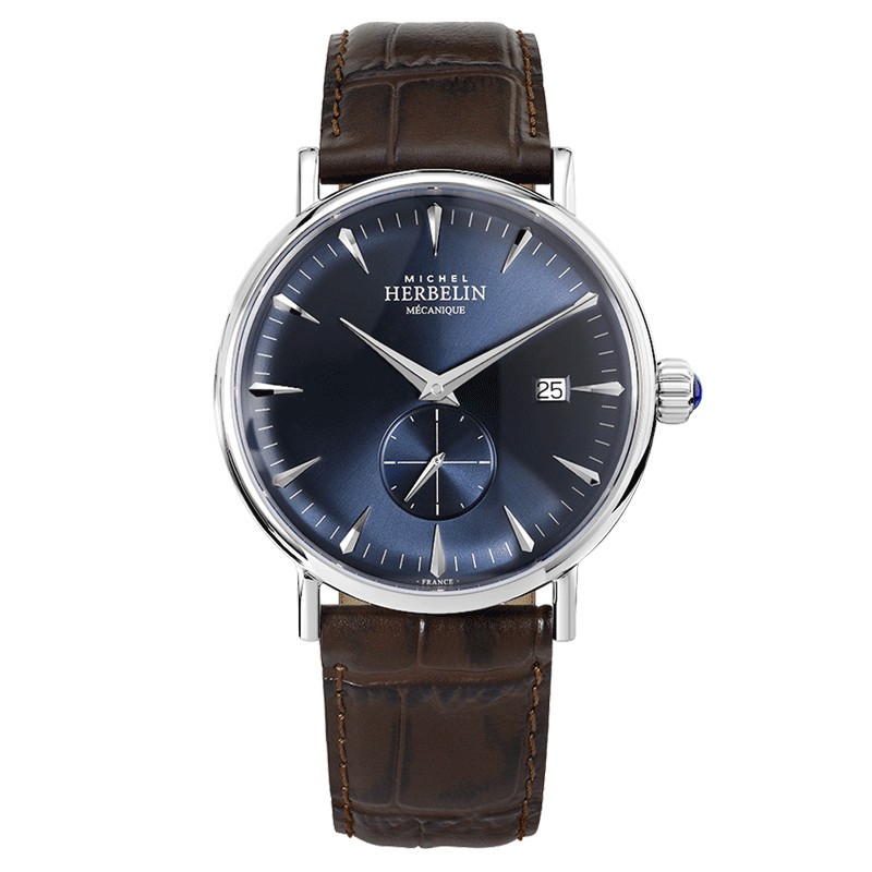 Montre Michel Herbelin Inspiration 1947 mécanique cadran bleu bracelet cuir marron 40 mm