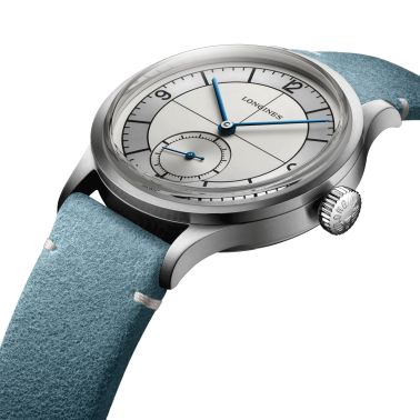 Montre Longines Heritage Classic automatique cadran beige bracelet cuir bleu 38,5 mm L2.828.4.73.2