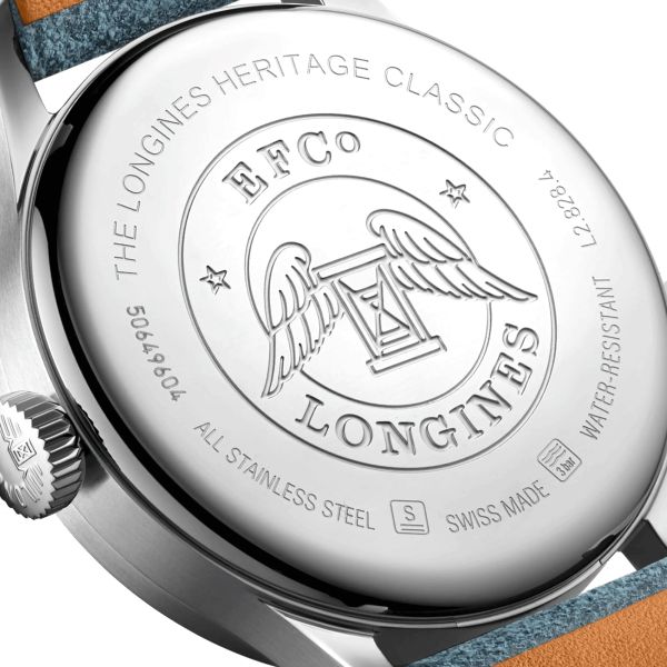 Montre Longines Heritage Classic automatique cadran beige bracelet cuir bleu 38,5 mm L2.828.4.73.2