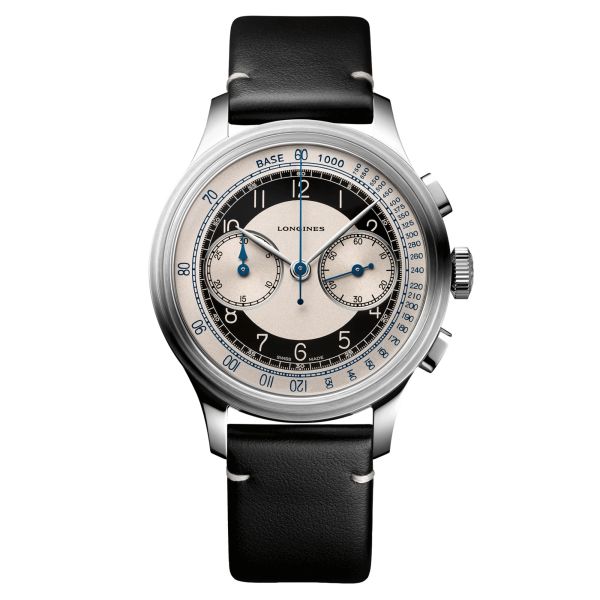 Longines Heritage Classic automatic chronograph watch silver dial black leather strap 40 mm