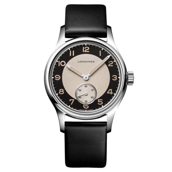 Longines Heritage Classic Tuxedo automatic watch black dial black leather strap 38.5 mm