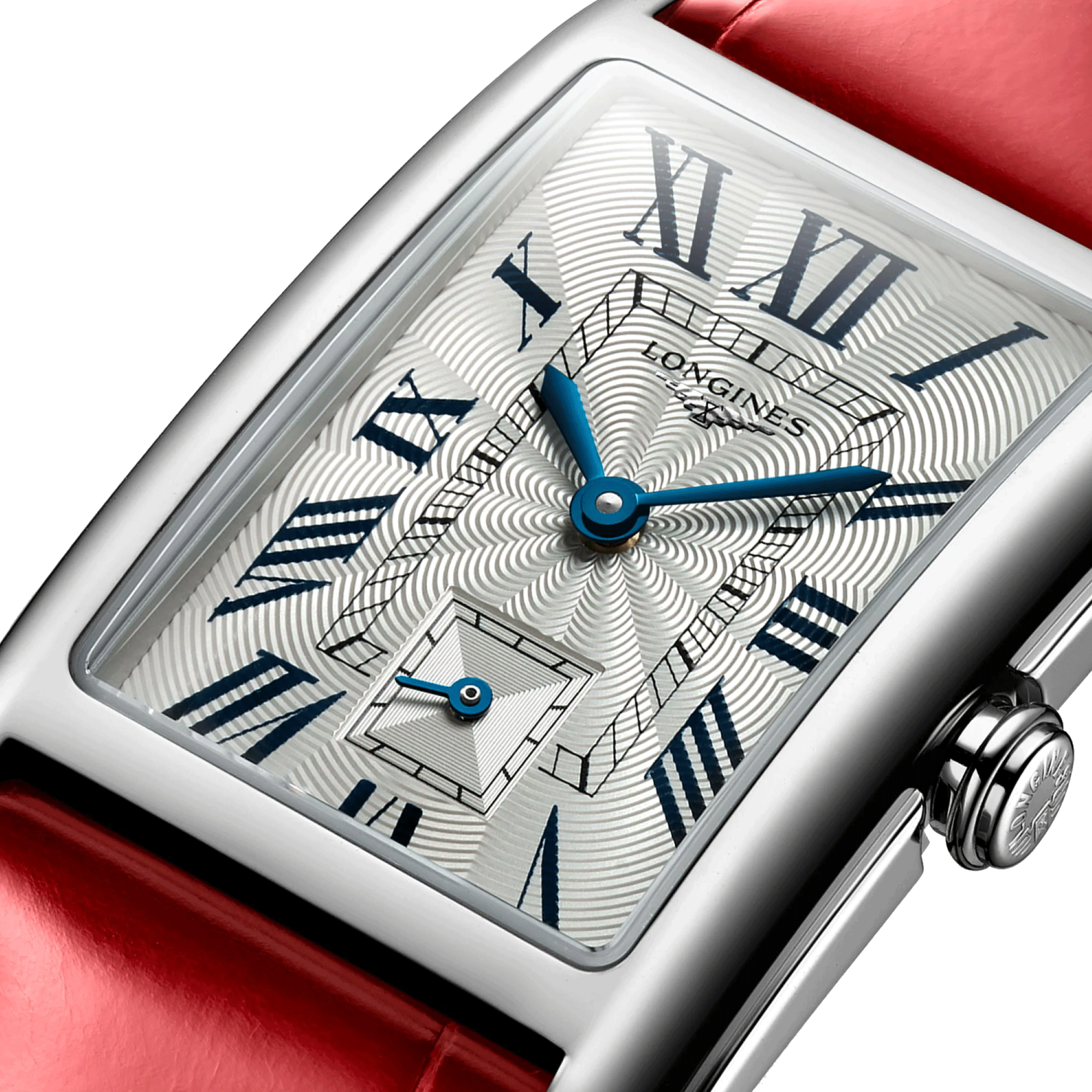 Montre Longines DolceVita quartz cadran argenté chiffres romains bracelet cuir rouge L5.512.4.71.5