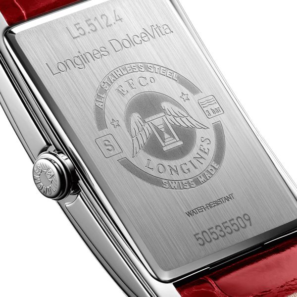 Montre Longines DolceVita quartz cadran argenté chiffres romains bracelet cuir rouge L5.512.4.71.5