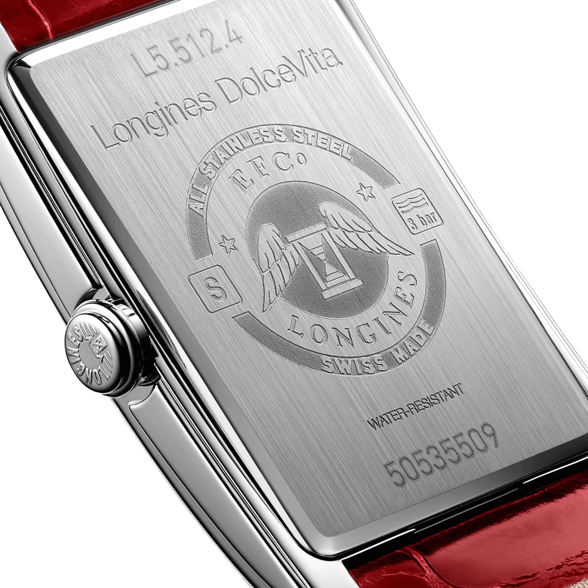 Montre Longines DolceVita quartz cadran argenté chiffres romains bracelet cuir rouge L5.512.4.71.5
