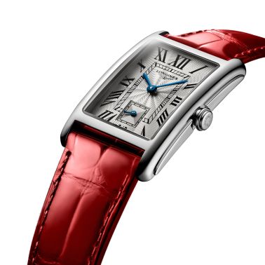 Montre Longines DolceVita quartz cadran argenté chiffres romains bracelet cuir rouge L5.512.4.71.5