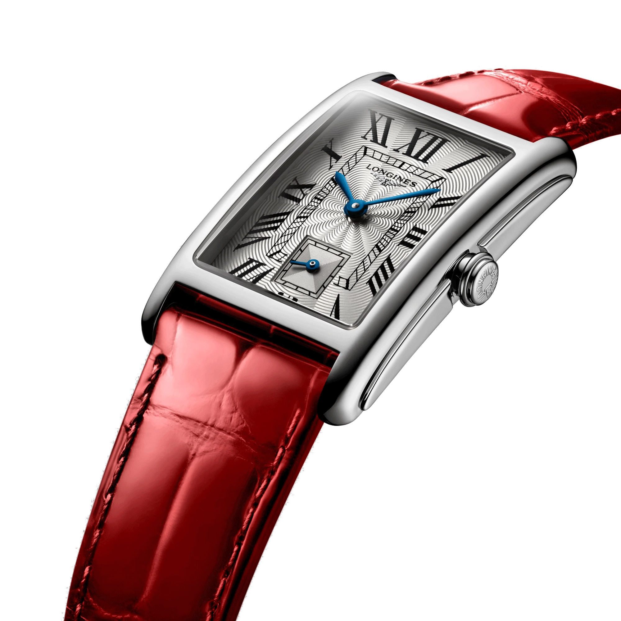 Montre Longines DolceVita quartz cadran argenté chiffres romains bracelet cuir rouge L5.512.4.71.5