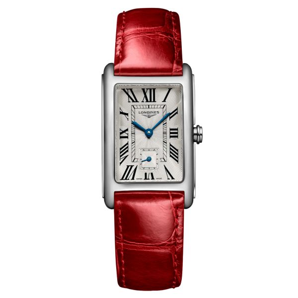 Montre Longines DolceVita quartz cadran argenté chiffres romains bracelet cuir rouge