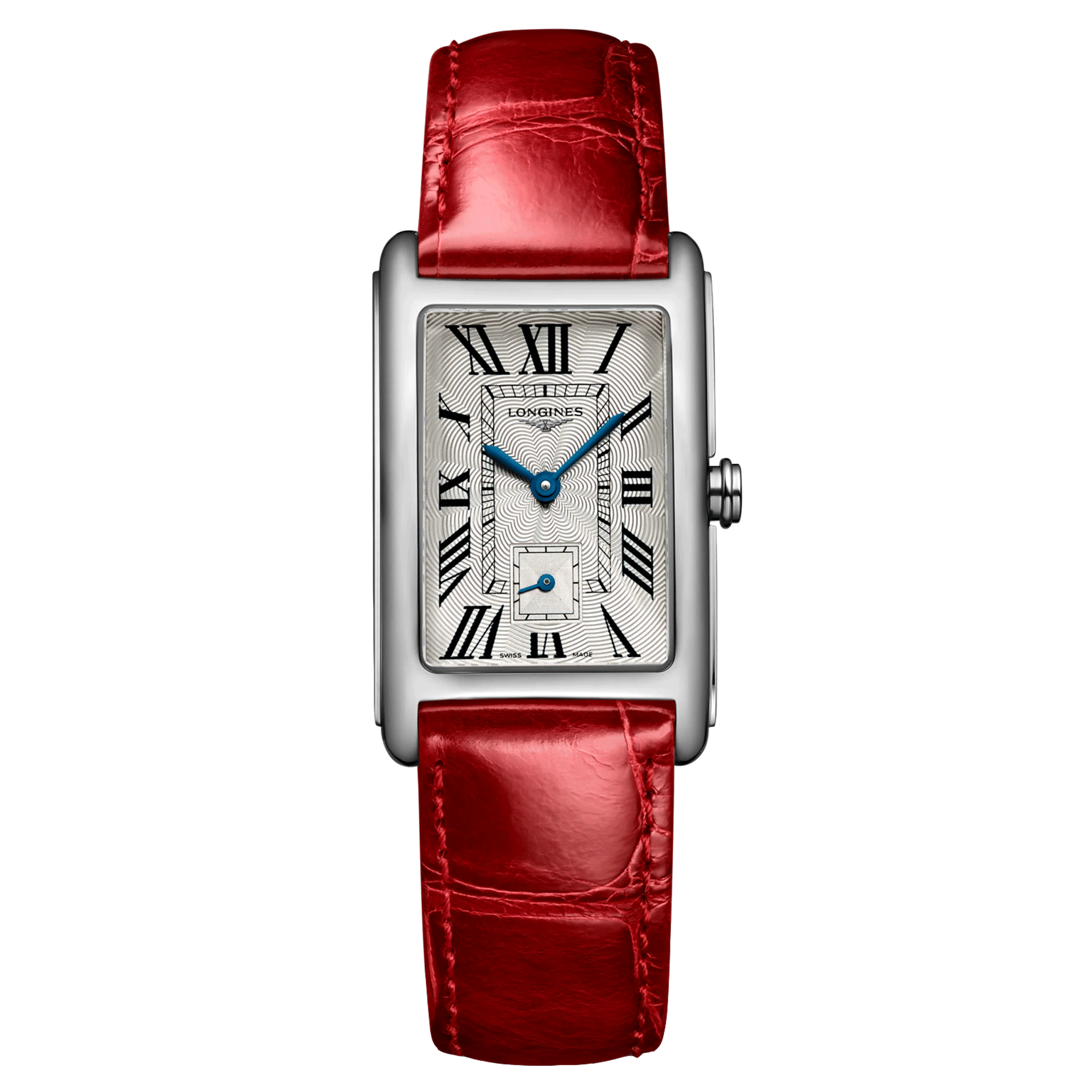 Montre Longines DolceVita quartz cadran argenté chiffres romains bracelet cuir rouge L5.512.4.71.5