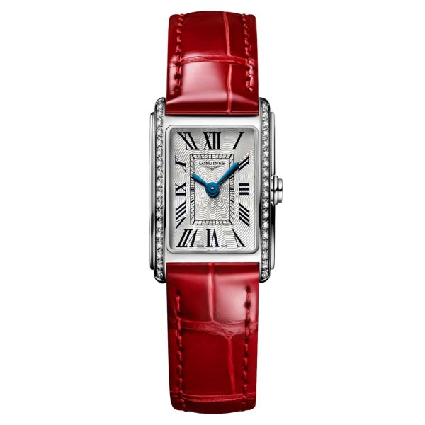 Montre Longines DolceVita quartz cadran argenté chiffres romains lunette sertie bracelet cuir rouge L5.258.0.71.5