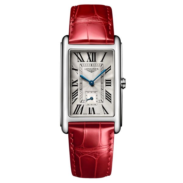 Montre Longines DolceVita quartz cadran argenté chiffres romains bracelet croco rouge L5.755.4.71.5