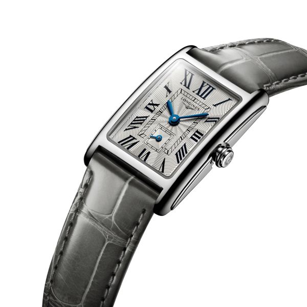 Montre Longines DolceVita quartz cadran argenté chiffres romains bracelet cuir gris L5.255.4.71.3