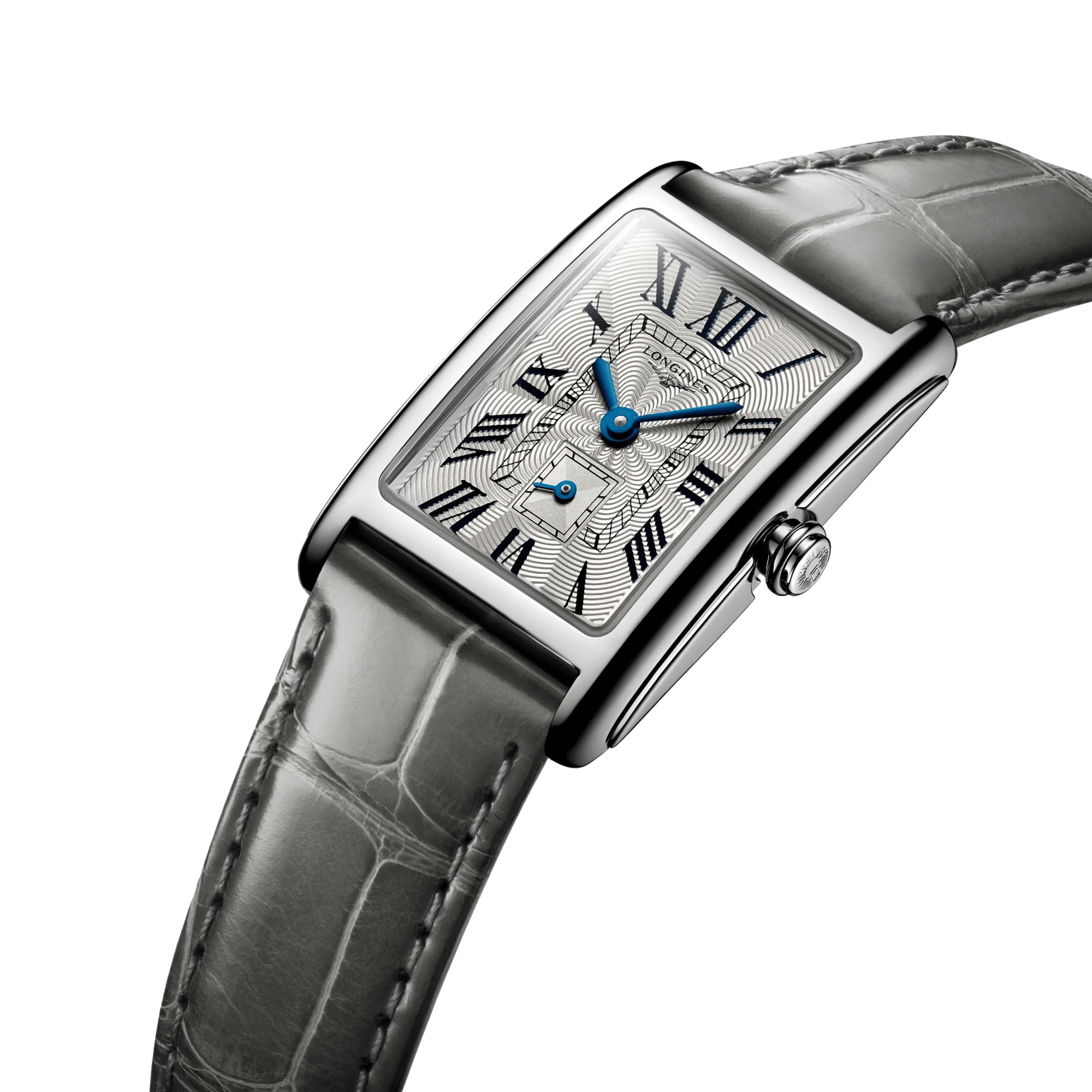 Montre Longines DolceVita quartz cadran argenté chiffres romains bracelet cuir gris L5.255.4.71.3