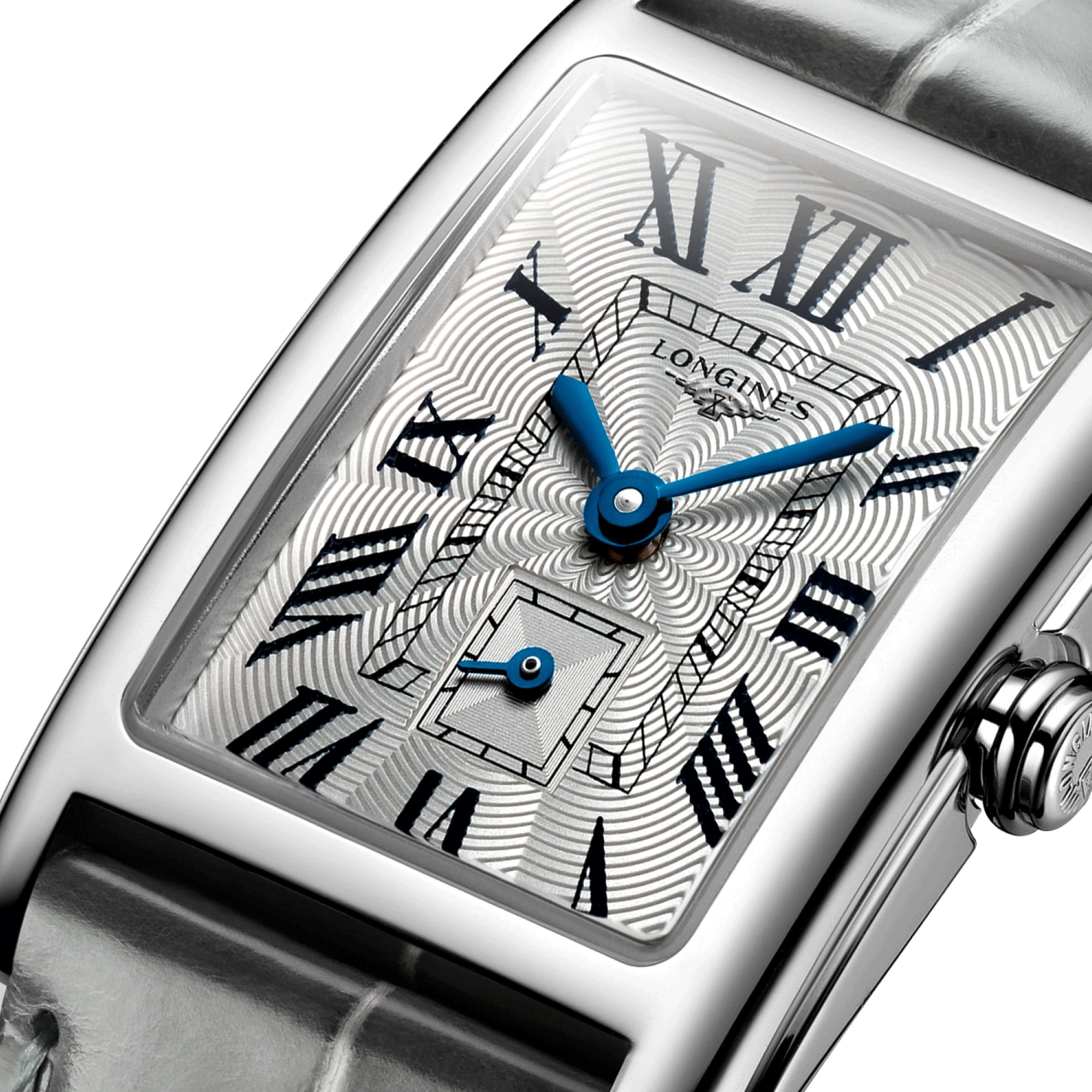 Montre Longines DolceVita quartz cadran argenté chiffres romains bracelet cuir gris L5.255.4.71.3