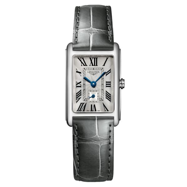 Montre Longines DolceVita quartz cadran argenté chiffres romains bracelet cuir gris L5.255.4.71.3