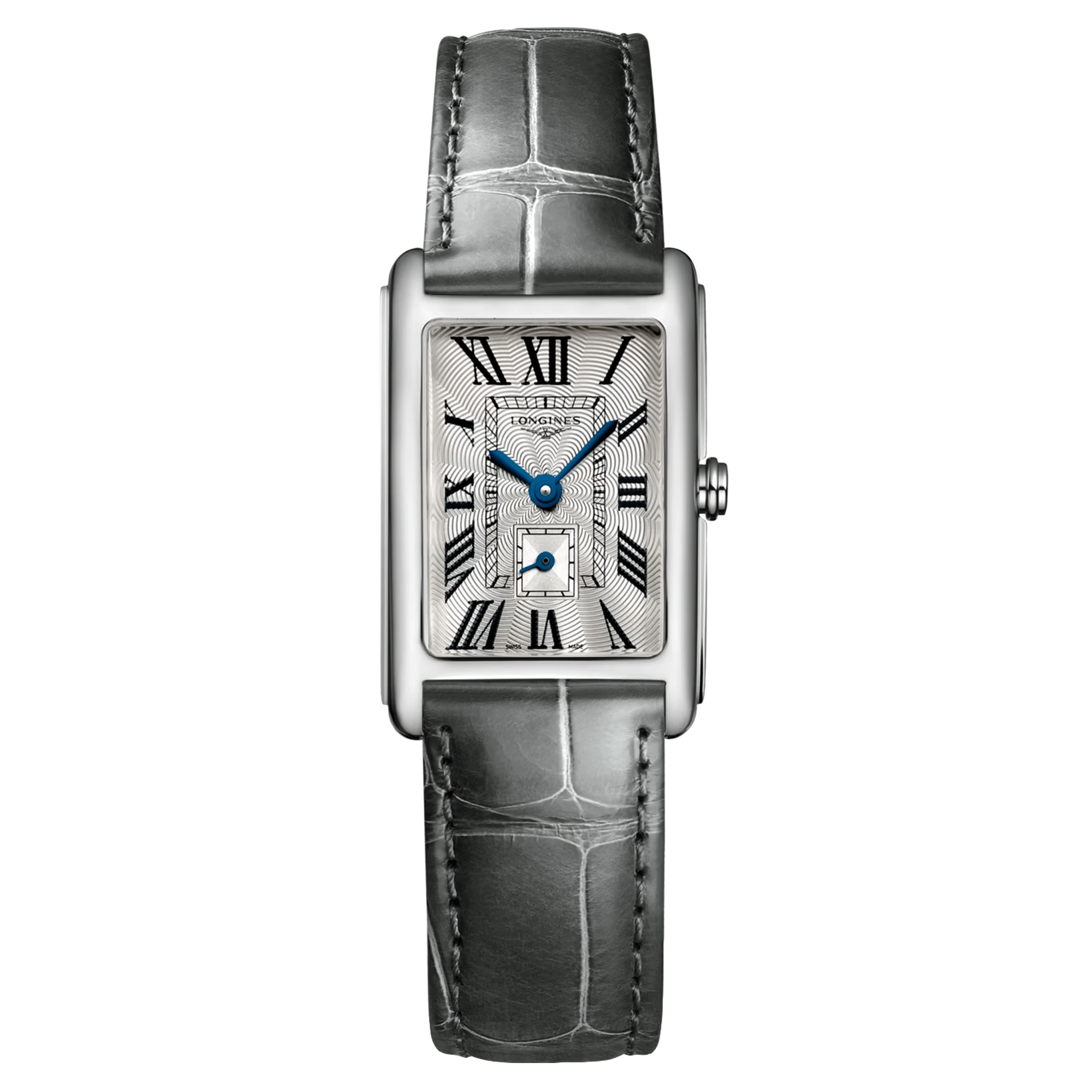 Montre Longines DolceVita quartz cadran argenté chiffres romains bracelet cuir gris L5.255.4.71.3