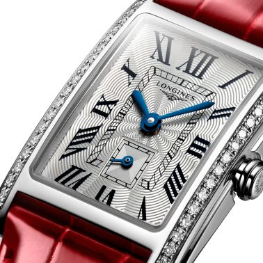 Montre Longines DolceVita quartz cadran argenté lunette sertie bracelet cuir croco rouge