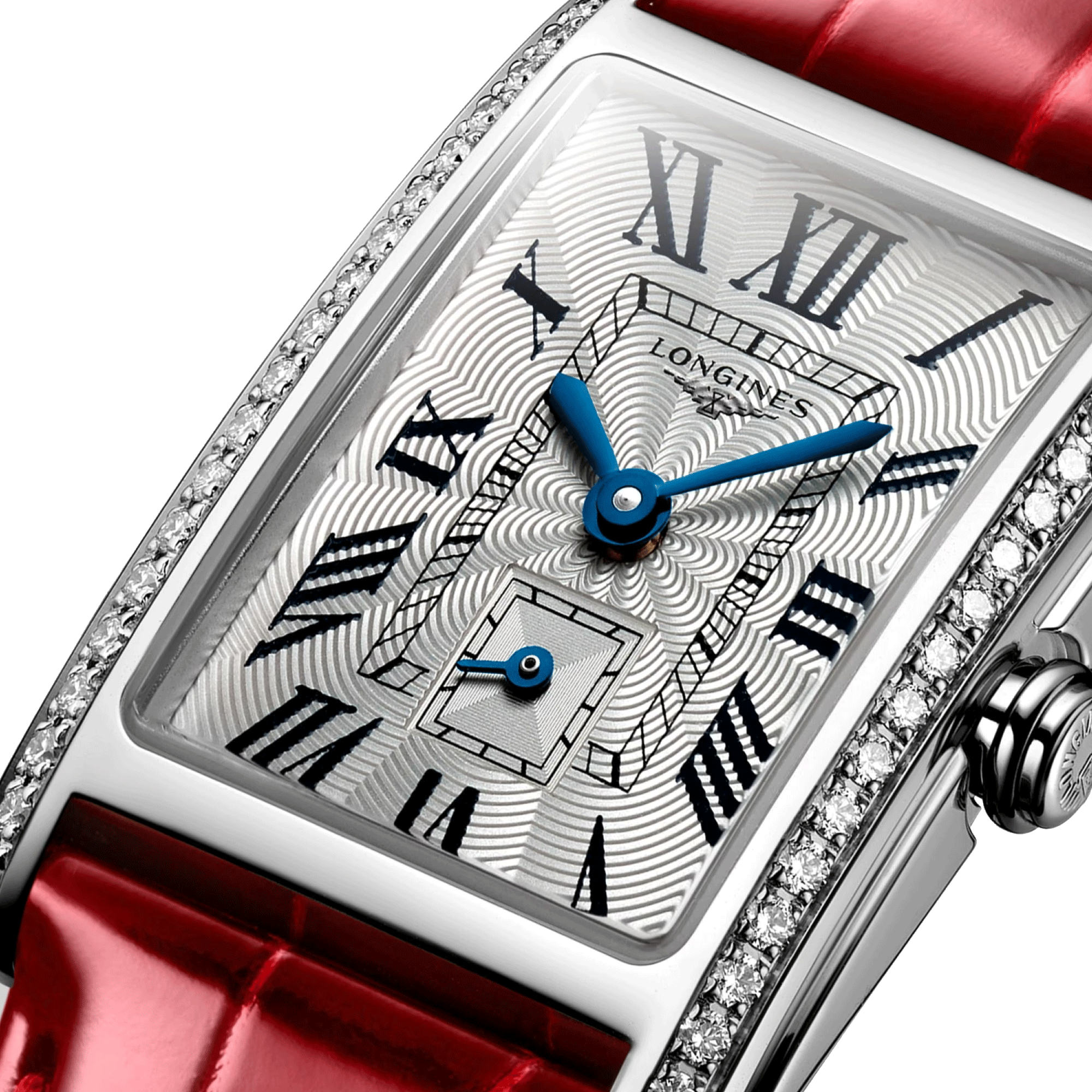 Montre Longines DolceVita quartz cadran argenté lunette sertie bracelet cuir croco rouge