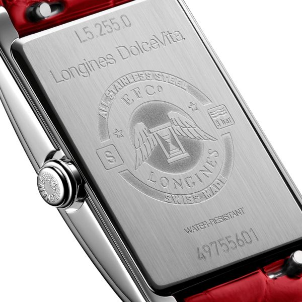Montre Longines DolceVita quartz cadran argenté lunette sertie bracelet cuir croco rouge