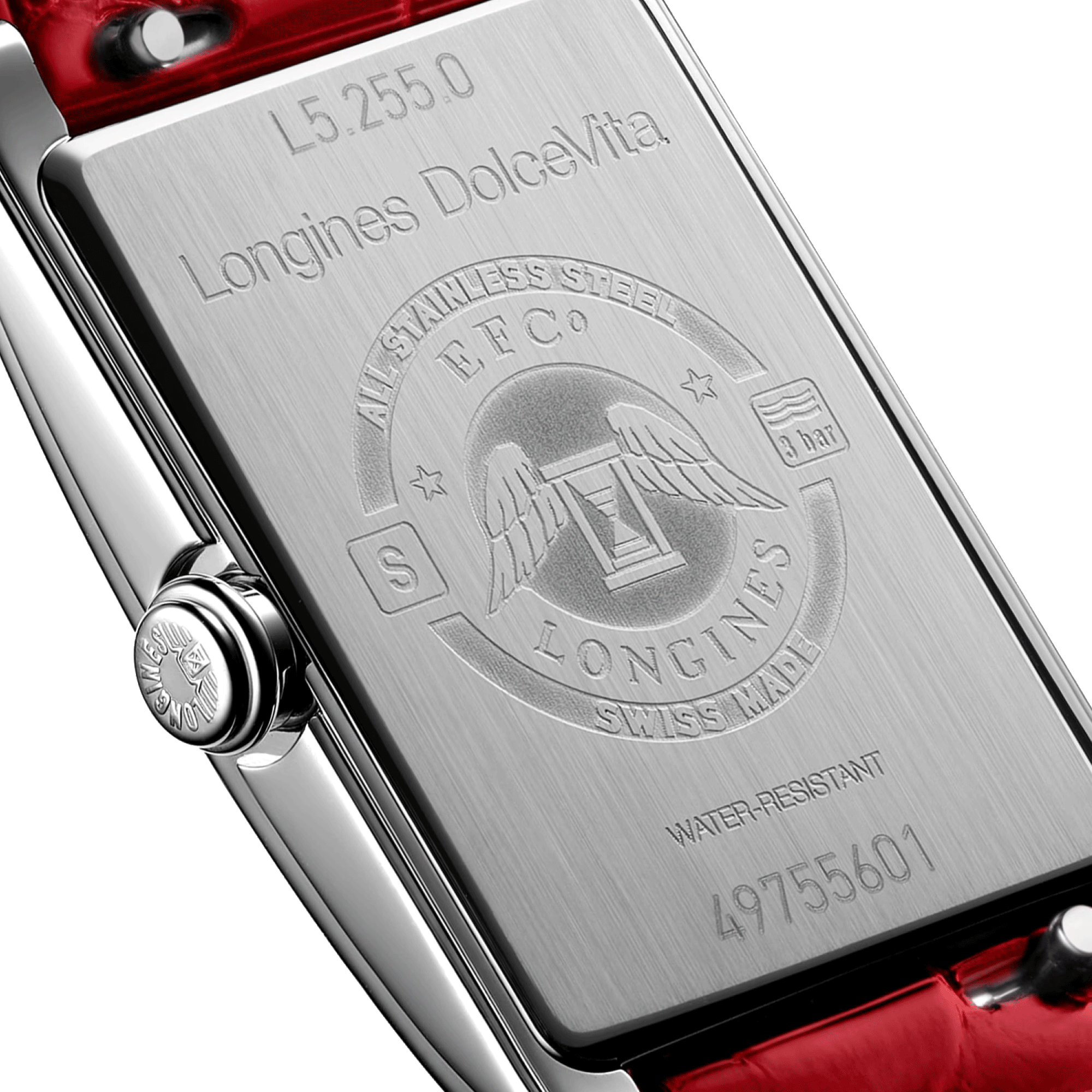 Montre Longines DolceVita quartz cadran argenté lunette sertie bracelet cuir croco rouge