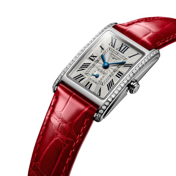 Montre Longines DolceVita quartz cadran argenté lunette sertie bracelet cuir croco rouge