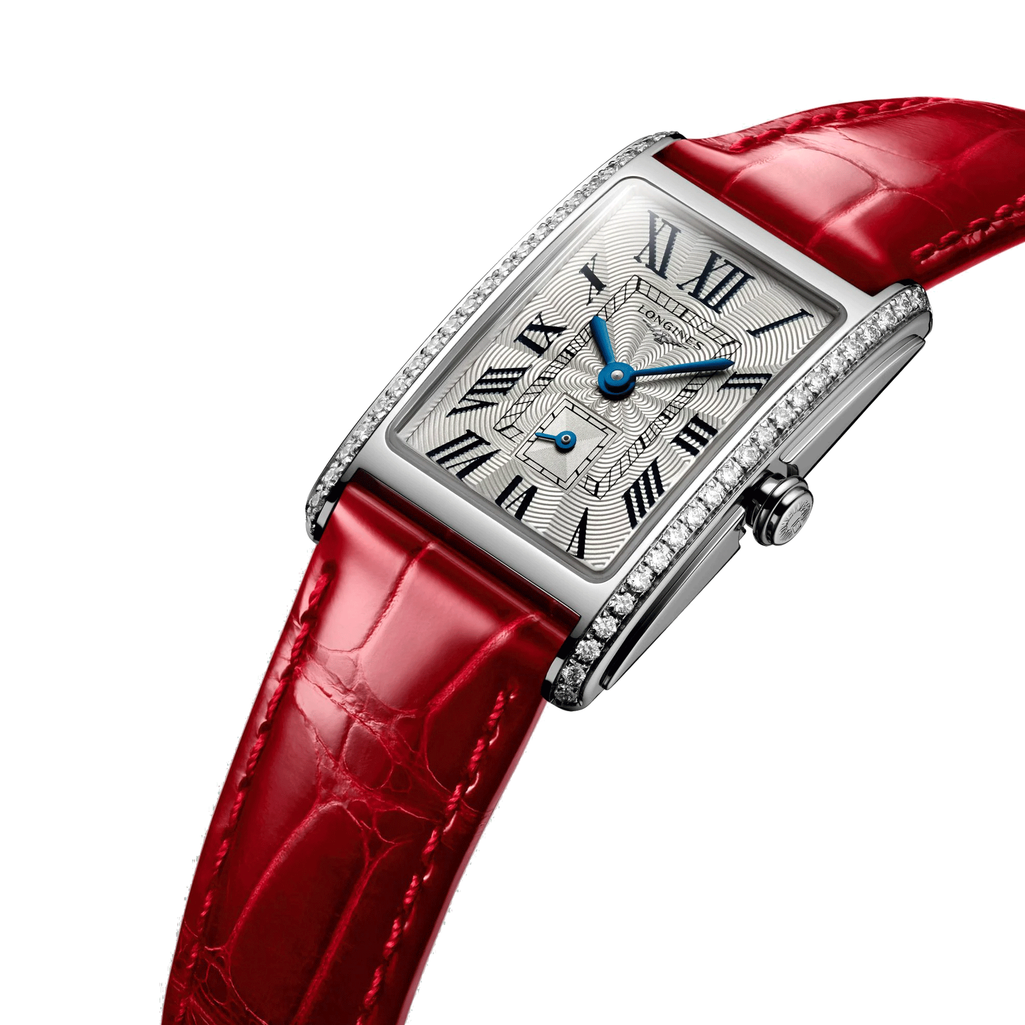 Montre Longines DolceVita quartz cadran argenté lunette sertie bracelet cuir croco rouge
