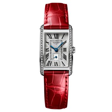 Montre Longines DolceVita quartz cadran argenté lunette sertie bracelet cuir croco rouge L5.255.0.71.5