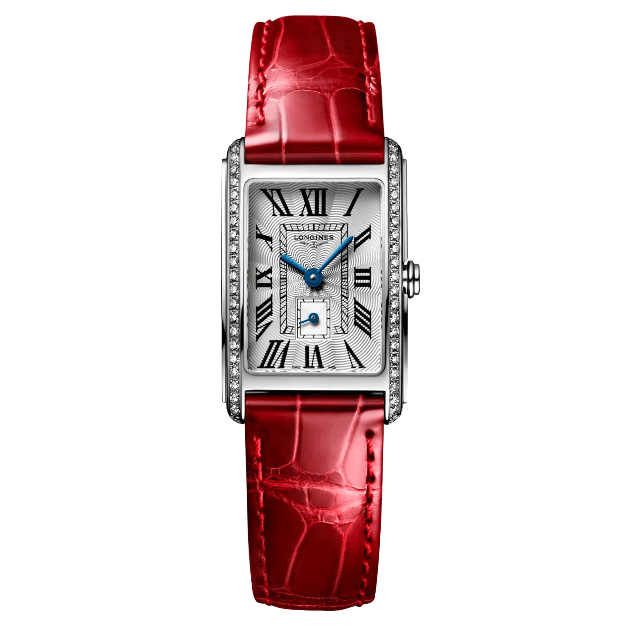 Montre Longines DolceVita quartz cadran argenté lunette sertie bracelet cuir croco rouge