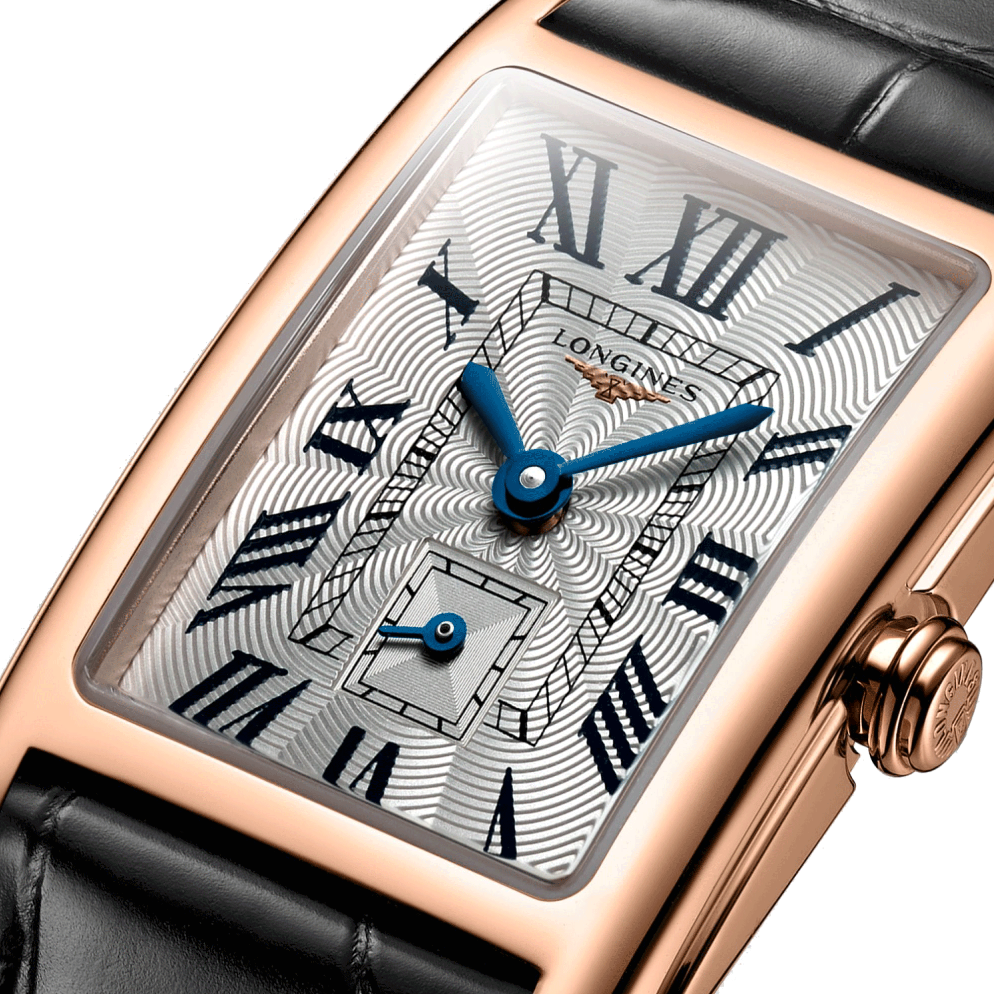 Montre Longines DolceVita quartz or rose chiffres romains petite seconde bracelet croco noir