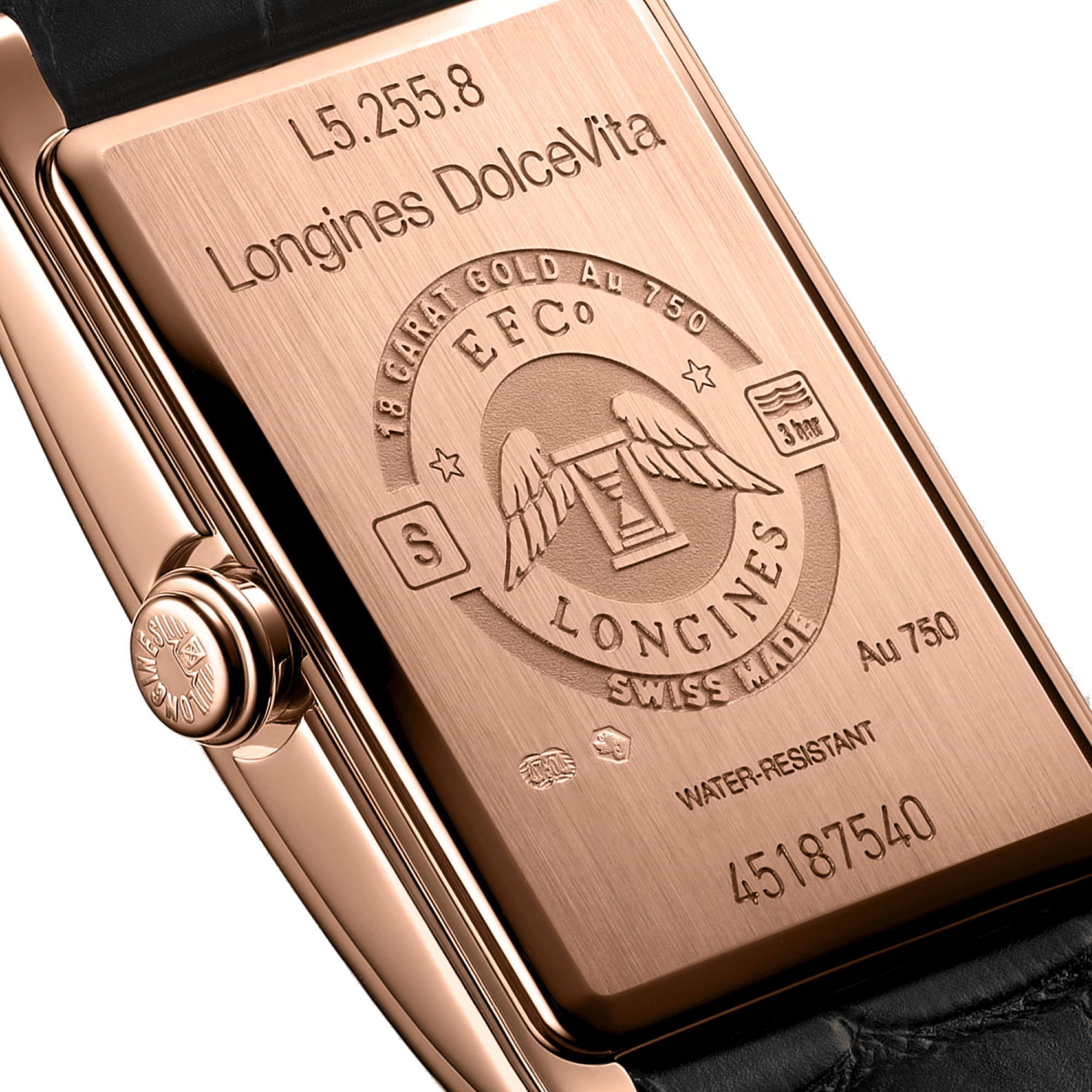 Montre Longines DolceVita quartz or rose chiffres romains petite seconde bracelet croco noir